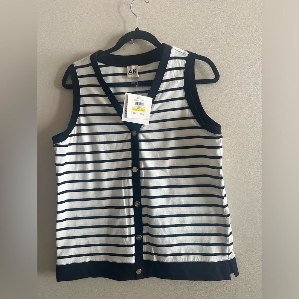 Anne Klein White and Navy Striped Sleeveless Button Tank Size M NWT